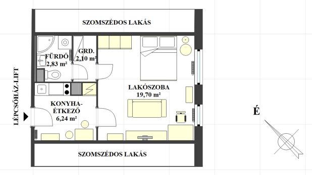 A képen, a garzonlakás alaprajzi beosztása látszik. A képen, a garzonlakás alaprajzi beosztása látszik.